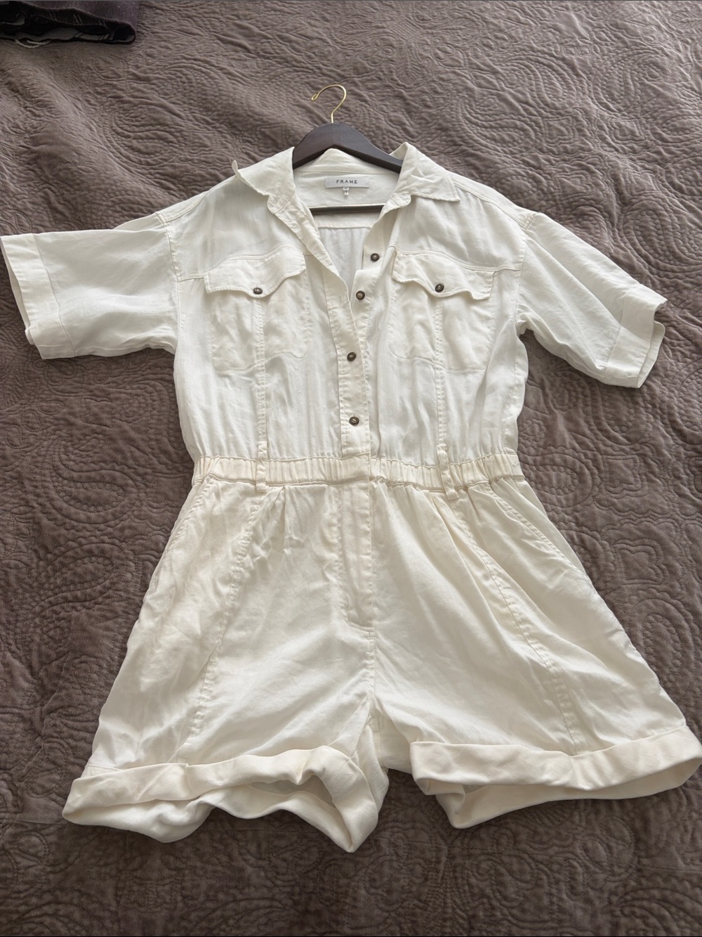 Frame Denim Cream Short Sleeve Button Romper